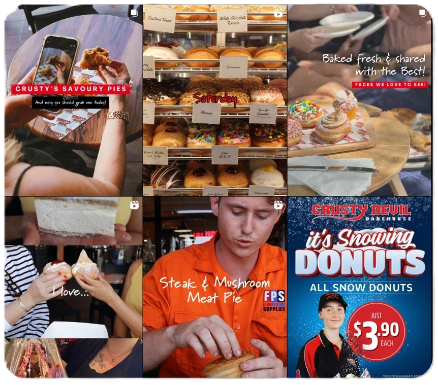 Instagram content grid for Crusty Devil Bakehouse: a phone photographing a hand holding a savoury pie labeled 'Crusty's Savoury Pies,' a bakery display case of assorted donuts under a 'Saturday' flavor sign, hands holding plates with a cinnamon roll and cupcakes captioned 'Baked fresh & shared with the Best,' a close-up of a cheesecake slice, two people holding decorated donuts captioned 'I love...', a staff member in an orange uniform preparing a steak and mushroom meat pie, and a promotional graphic reading 'It's Snowing Donuts, all snow donuts just $3.90 each.'