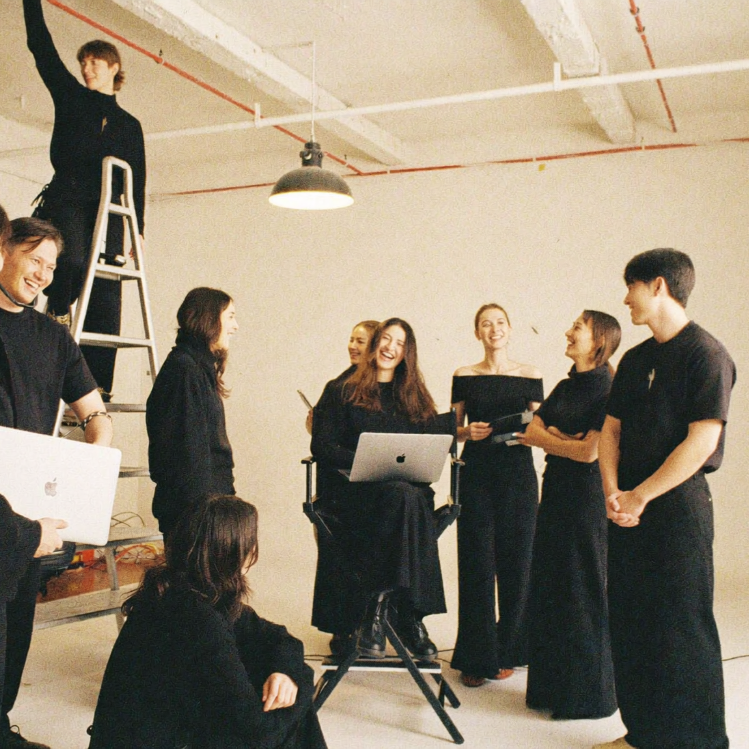 Group filming content together in a studio space