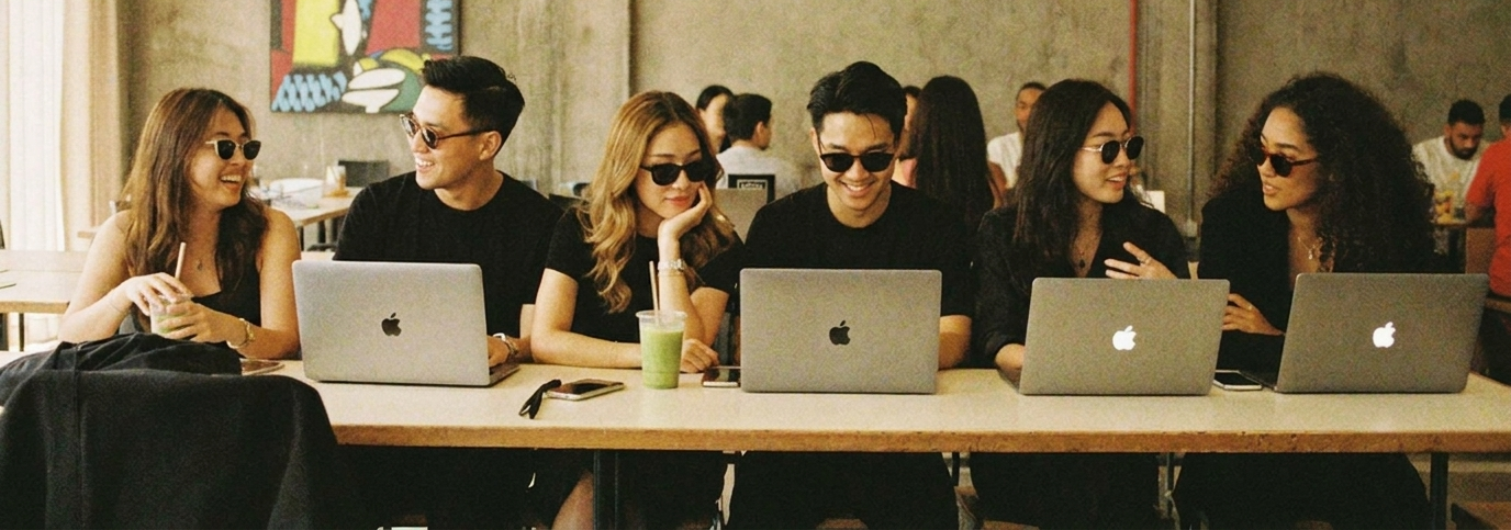 Group of founder-creators working together on laptops at a co-working session