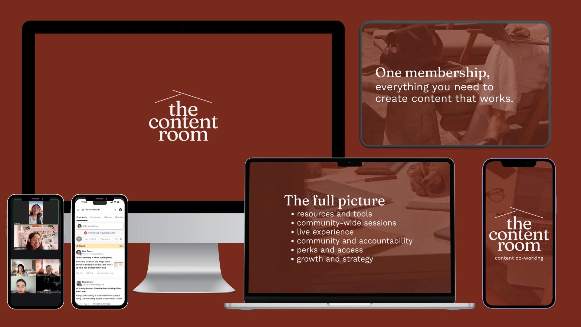 The Content Room dashboard mockup shown across desktop, tablet, and mobile devices